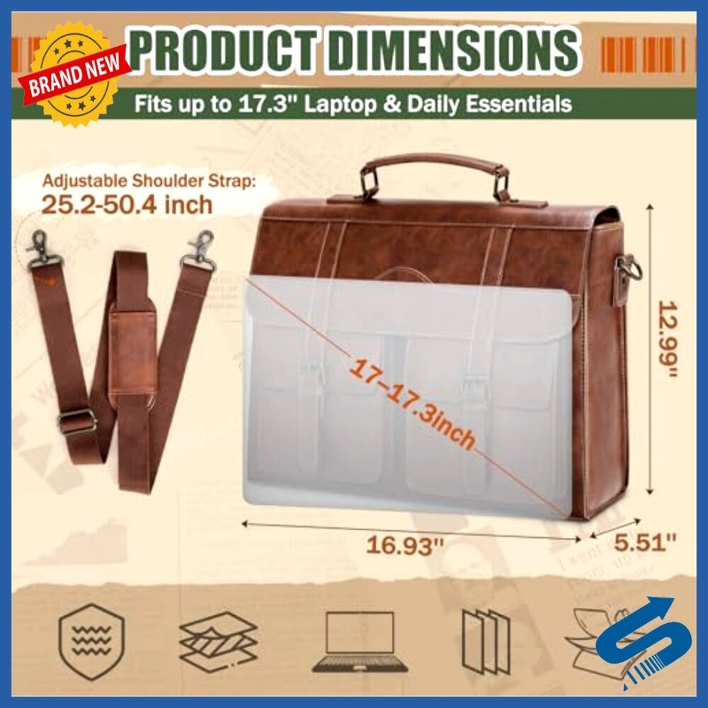 Vintage Leather Messenger Bag Large Satchel Laptop Briefcase Magnetic Closure - Picture 4 of 7